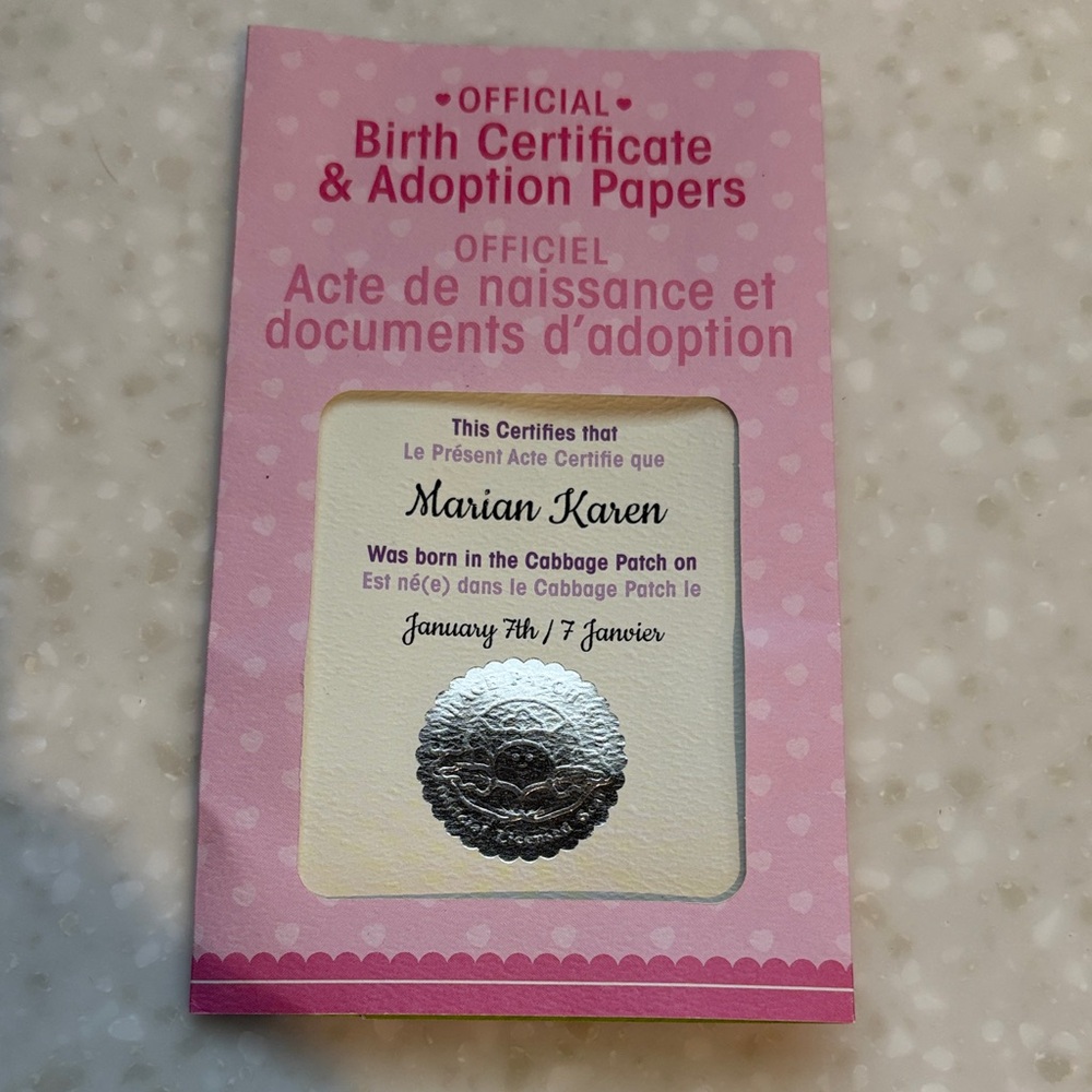 Cabbage Patch Kids Birth Certificate and Adoption Papers - Pink